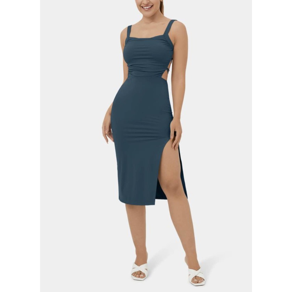 HALARA Ruched Split Backless Crisscross Lace Up Bodycon Midi Casual Dress